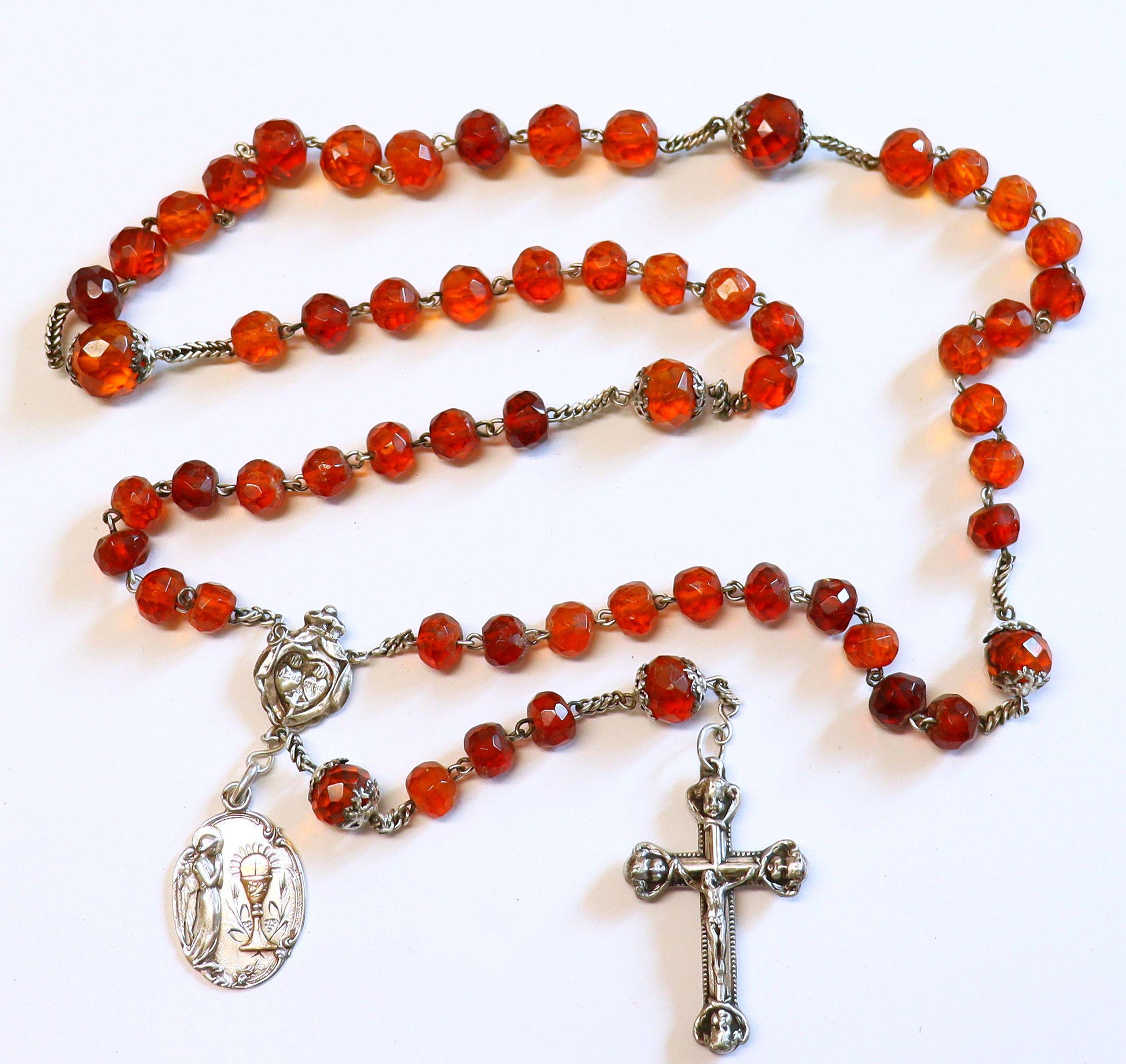 Vintage Catholic Rosary Faceted Gold Baltic Amber & Sterling w Open Work Silver and Gold 1st Communion Medal DD 1905 Extreme Rarity