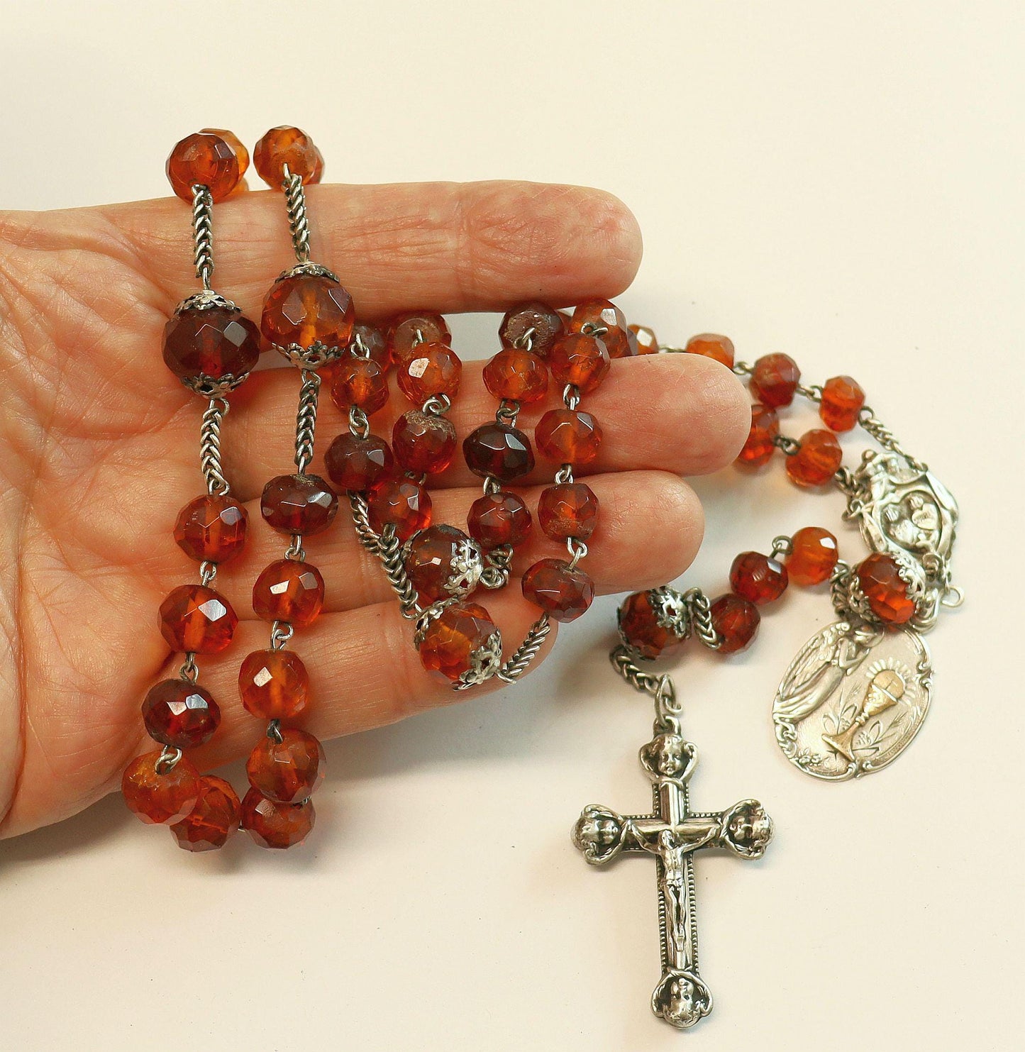 Vintage Catholic Rosary Faceted Gold Baltic Amber & Sterling w Open Work Silver and Gold 1st Communion Medal DD 1905 Extreme Rarity