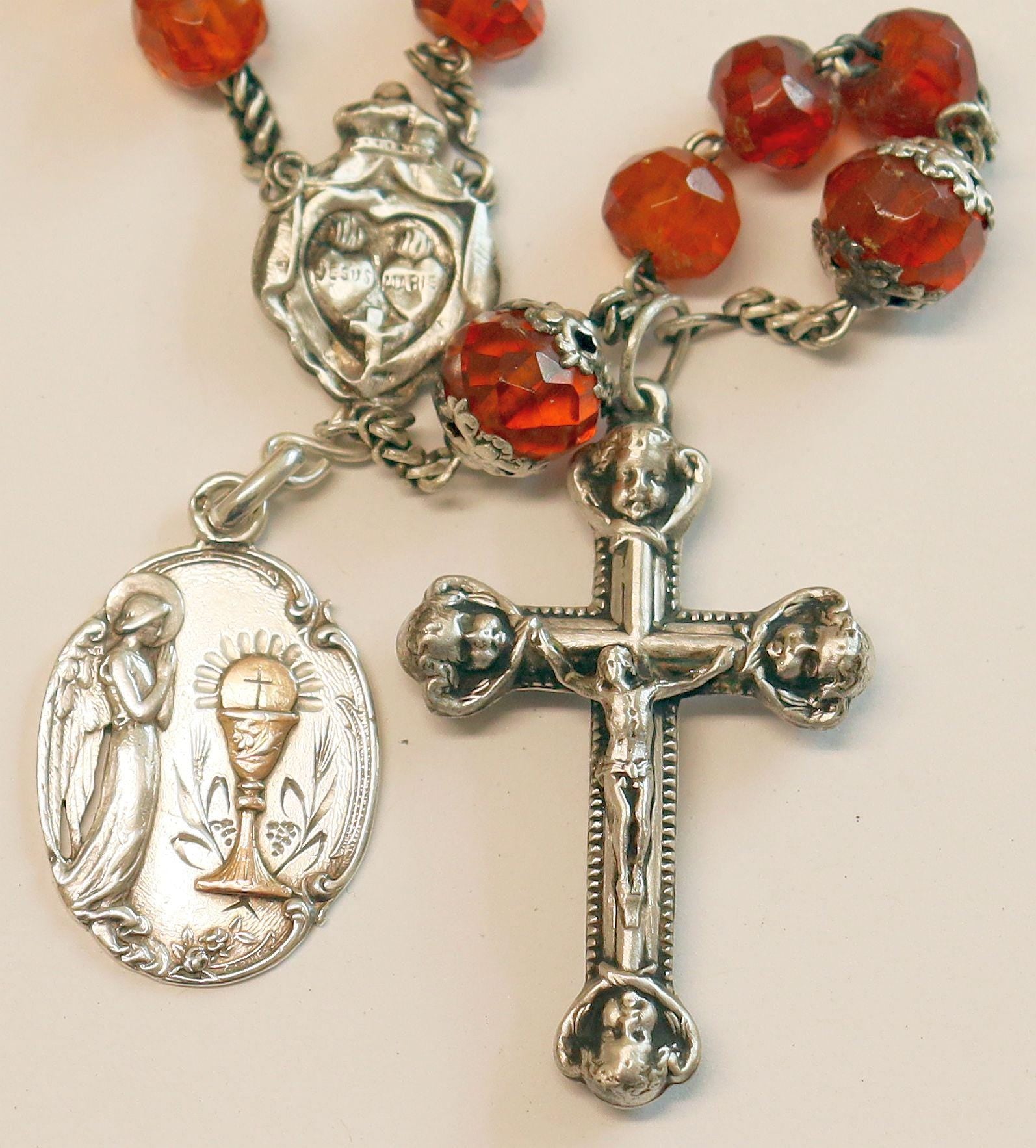 Vintage Catholic Rosary Faceted Gold Baltic Amber & Sterling w Open Work Silver and Gold 1st Communion Medal DD 1905 Extreme Rarity
