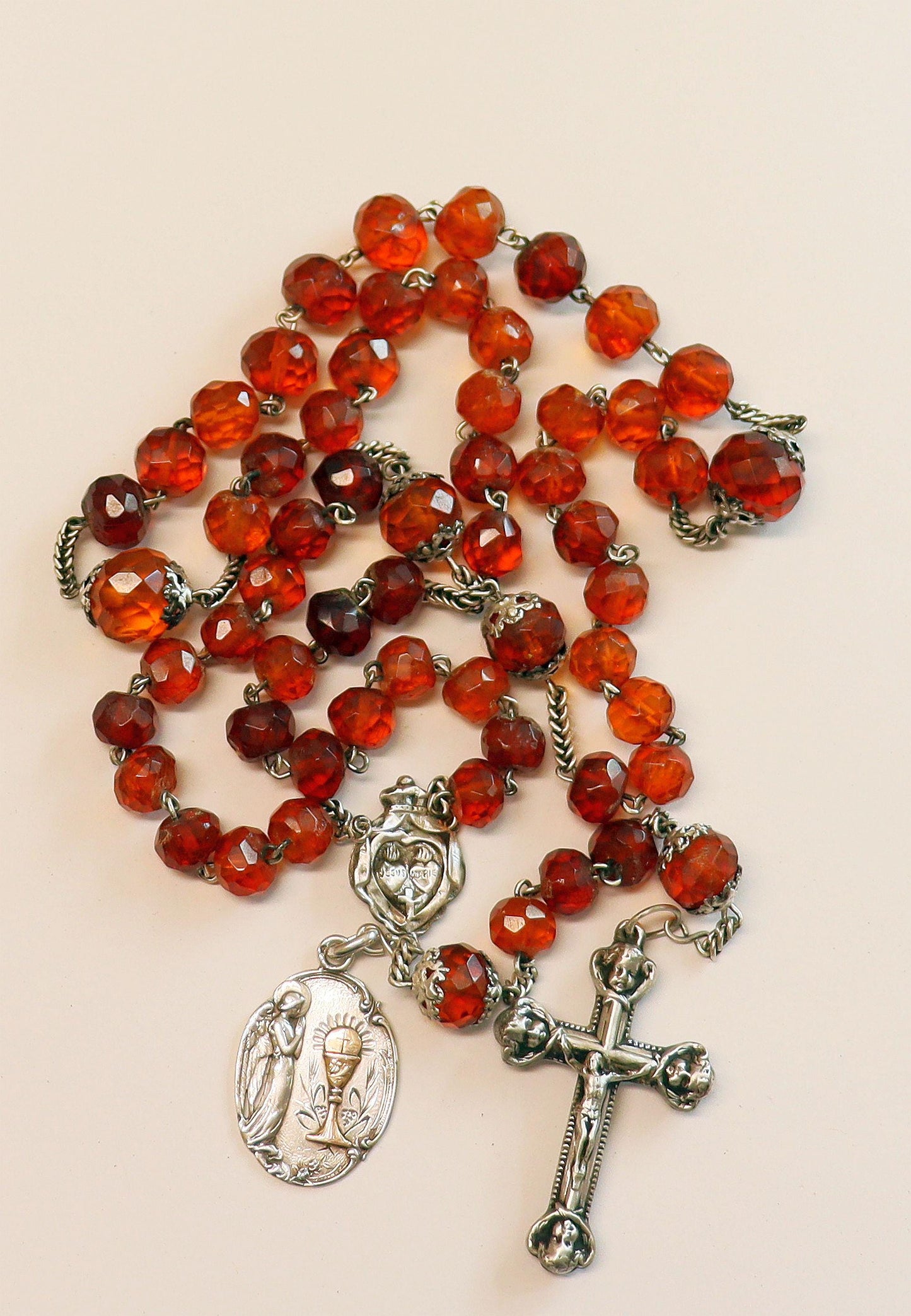 Vintage Catholic Rosary Faceted Gold Baltic Amber & Sterling w Open Work Silver and Gold 1st Communion Medal DD 1905 Extreme Rarity
