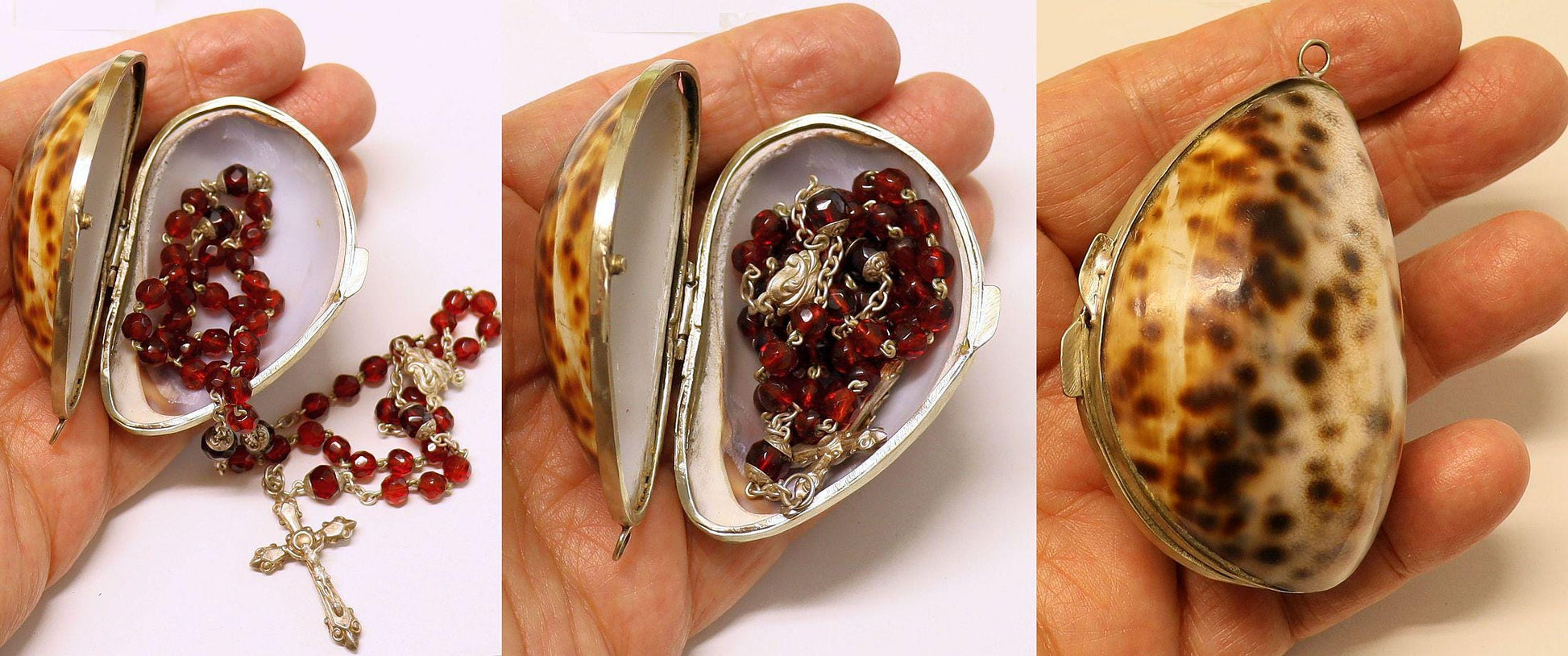 Vintage Garnet and Sterling Catholic Rosary in Tiger Cowry Shell box – Rare and Charming - 1920's