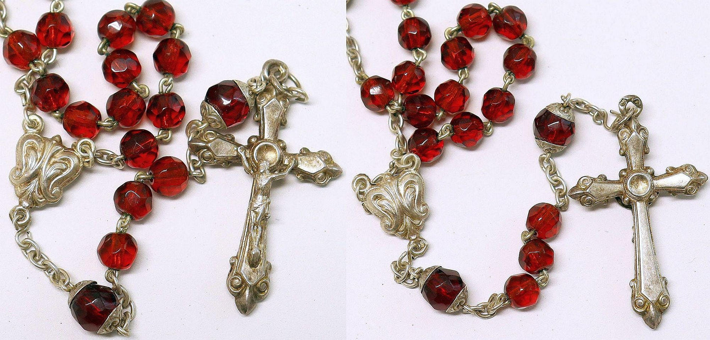 Vintage Garnet and Sterling Catholic Rosary in Tiger Cowry Shell box – Rare and Charming - 1920's