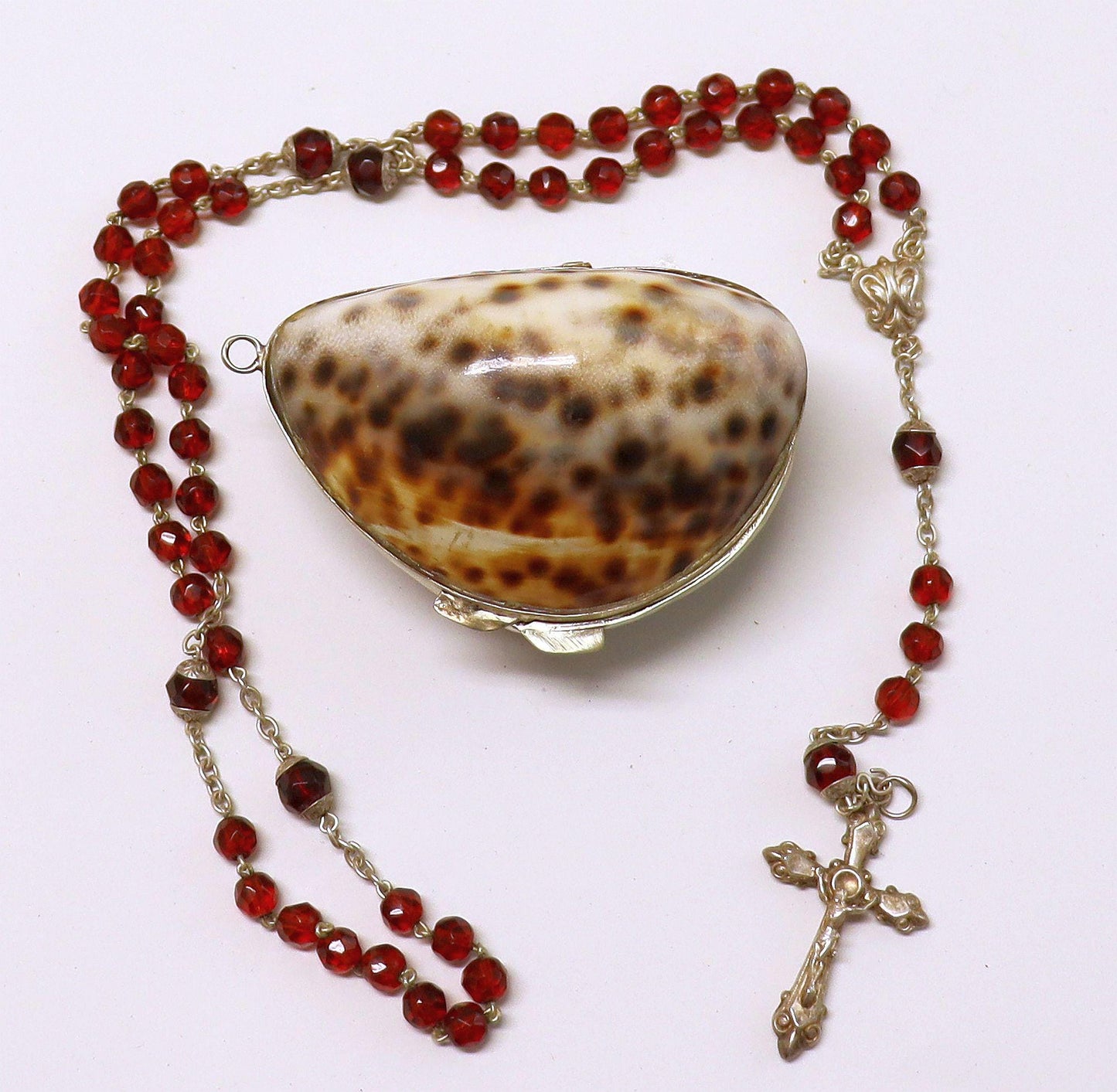 Vintage Garnet and Sterling Catholic Rosary in Tiger Cowry Shell box – Rare and Charming - 1920's