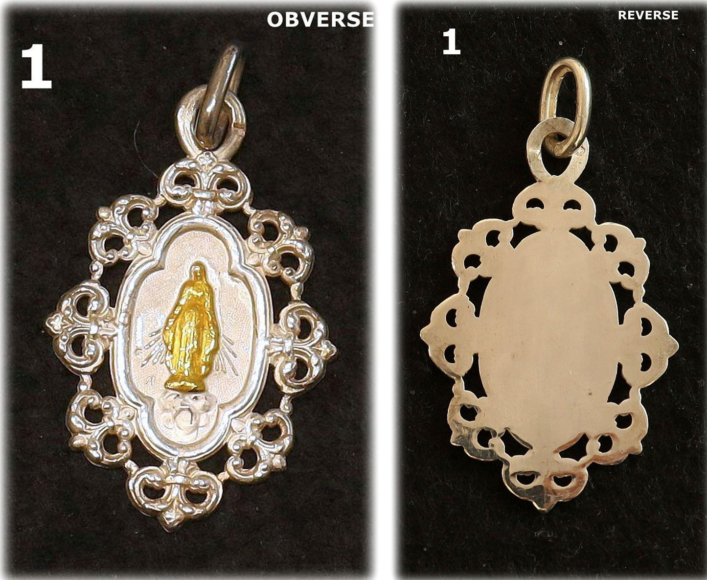 Gold and Silver Virgin Mary Antique NEVER USED Medals Art Nouveau, Fleur de Coin, Xtreme Rarity