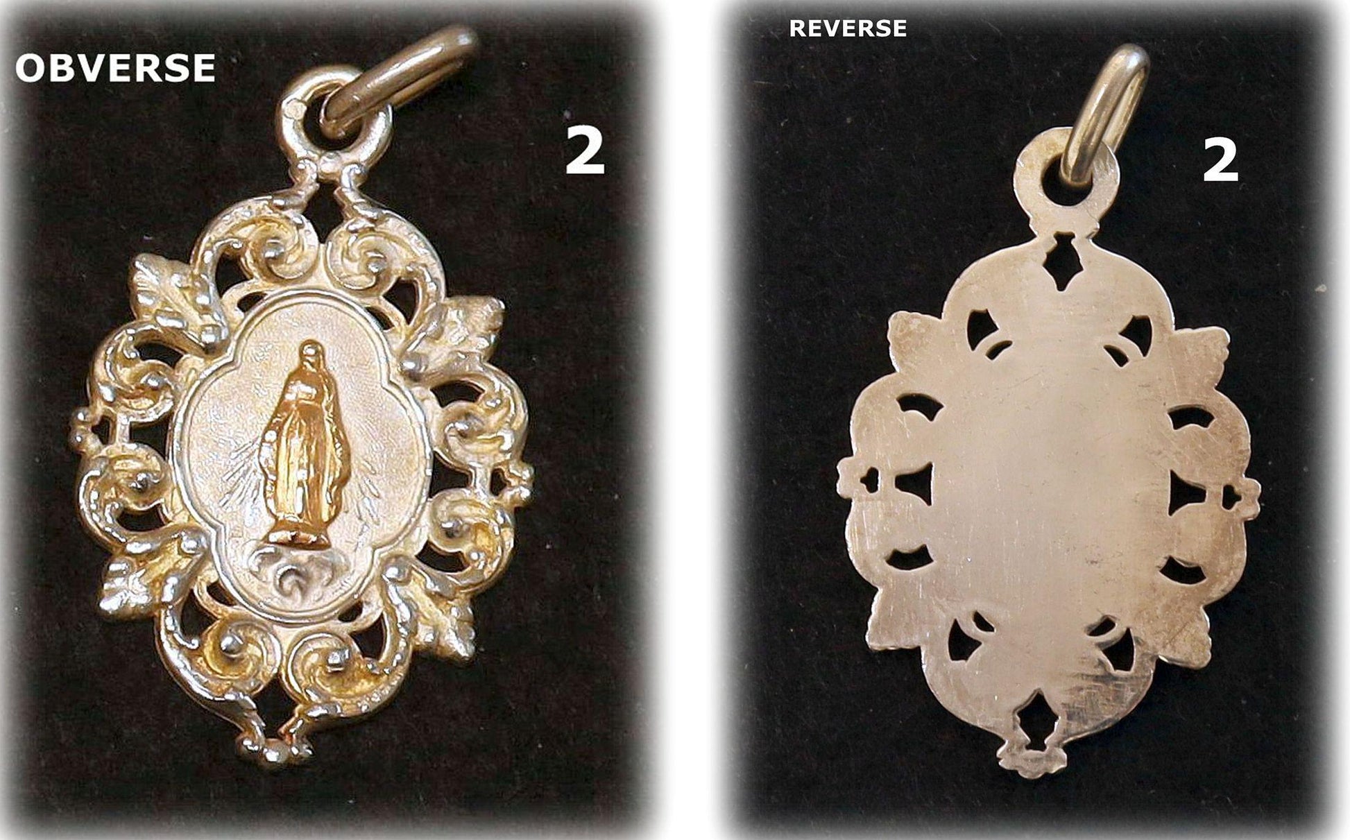 Gold and Silver Virgin Mary Antique NEVER USED Medals Art Nouveau, Fleur de Coin, Xtreme Rarity