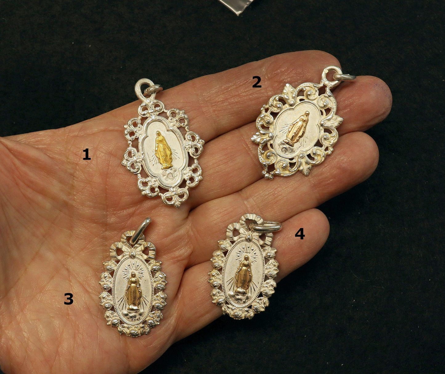 Gold and Silver Virgin Mary Antique NEVER USED Medals Art Nouveau, Fleur de Coin, Xtreme Rarity