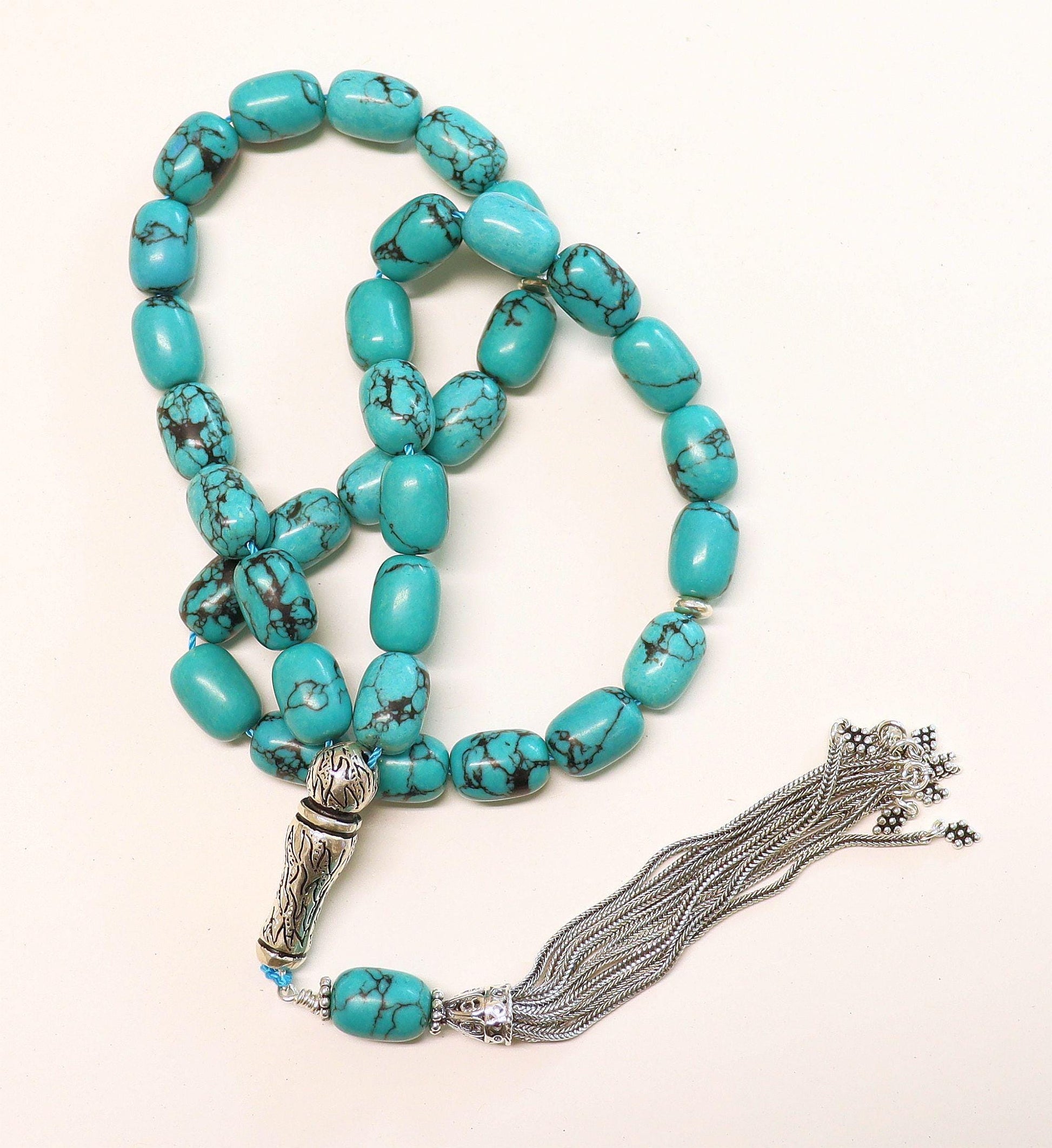 Luxury Rosary Tesbih Veined Barrel Turquoise & Sterling Rare Collector's Choice