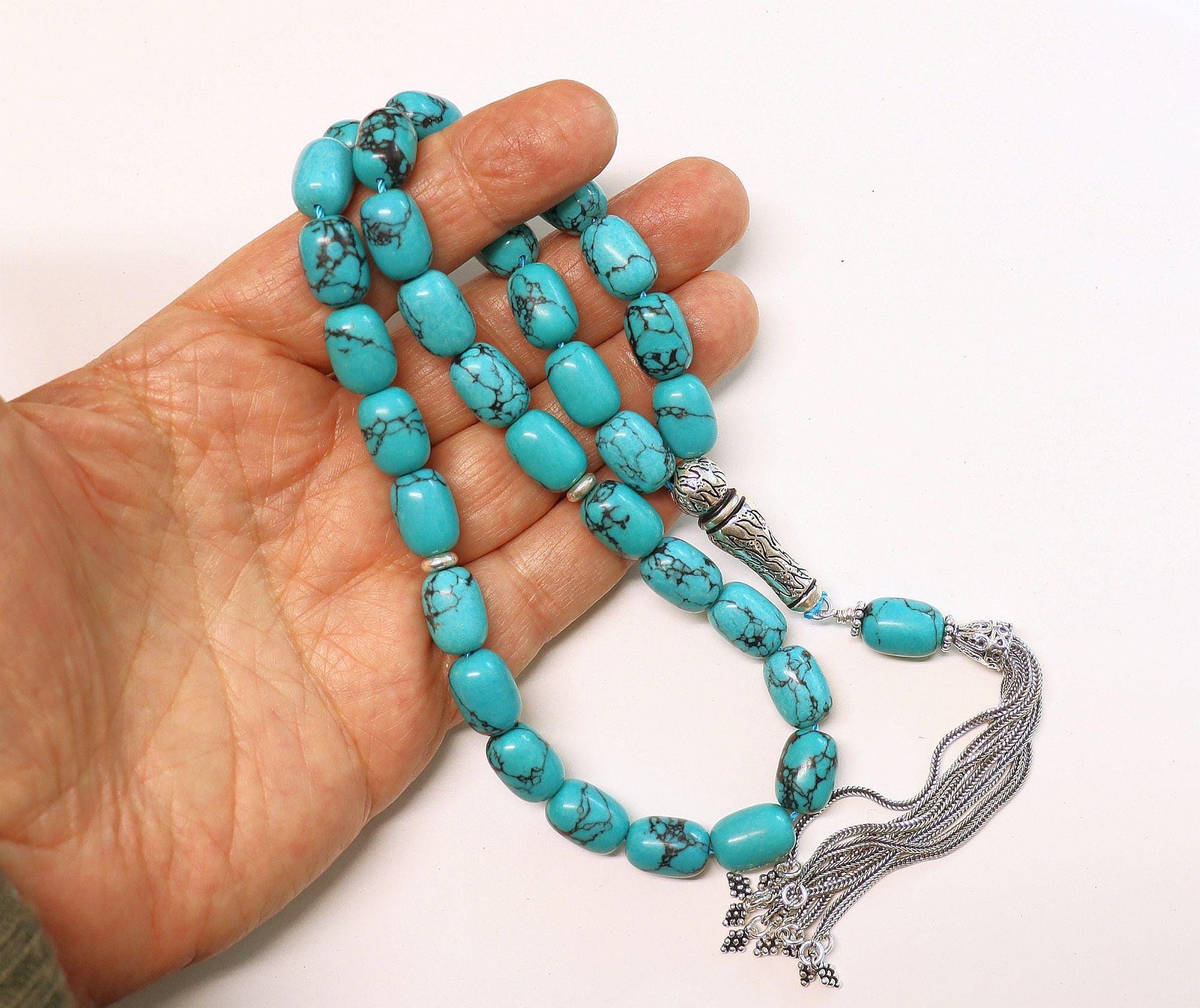 Luxury Rosary Tesbih Veined Barrel Turquoise & Sterling Rare Collector's Choice