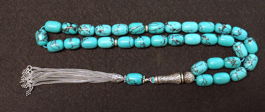 Luxury Rosary Tesbih Veined Barrel Turquoise & Sterling Rare Collector's Choice