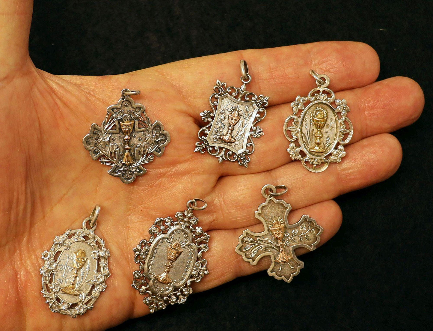 Gold and Silver Antique First Communion Medals Art Nouveau, Pristine, All 100+ years old, Very Rare