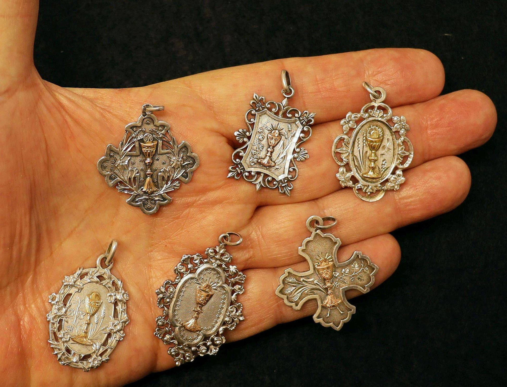 Gold and Silver Antique First Communion Medals Art Nouveau, Pristine, All 100+ years old, Very Rare