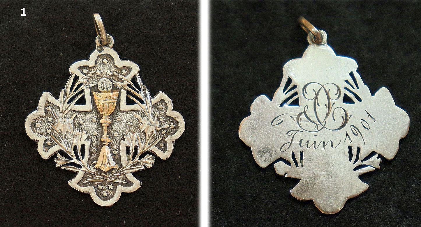 Gold and Silver Antique First Communion Medals Art Nouveau, Pristine, All 100+ years old, Very Rare
