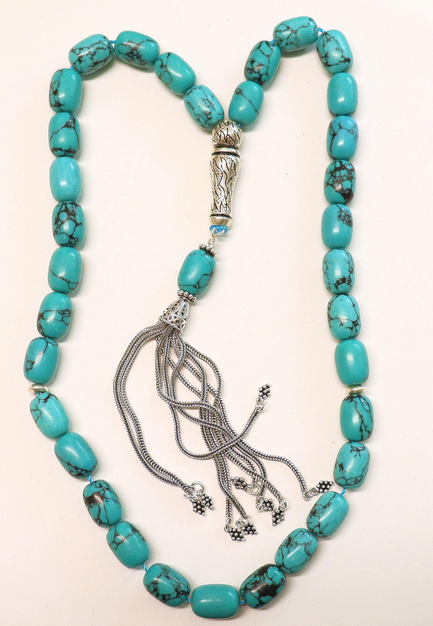 Luxury Rosary Tesbih Veined Barrel Turquoise & Sterling Rare Collector's Choice
