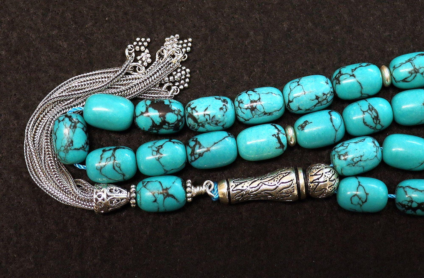 Luxury Rosary Tesbih Veined Barrel Turquoise & Sterling Rare Collector's Choice