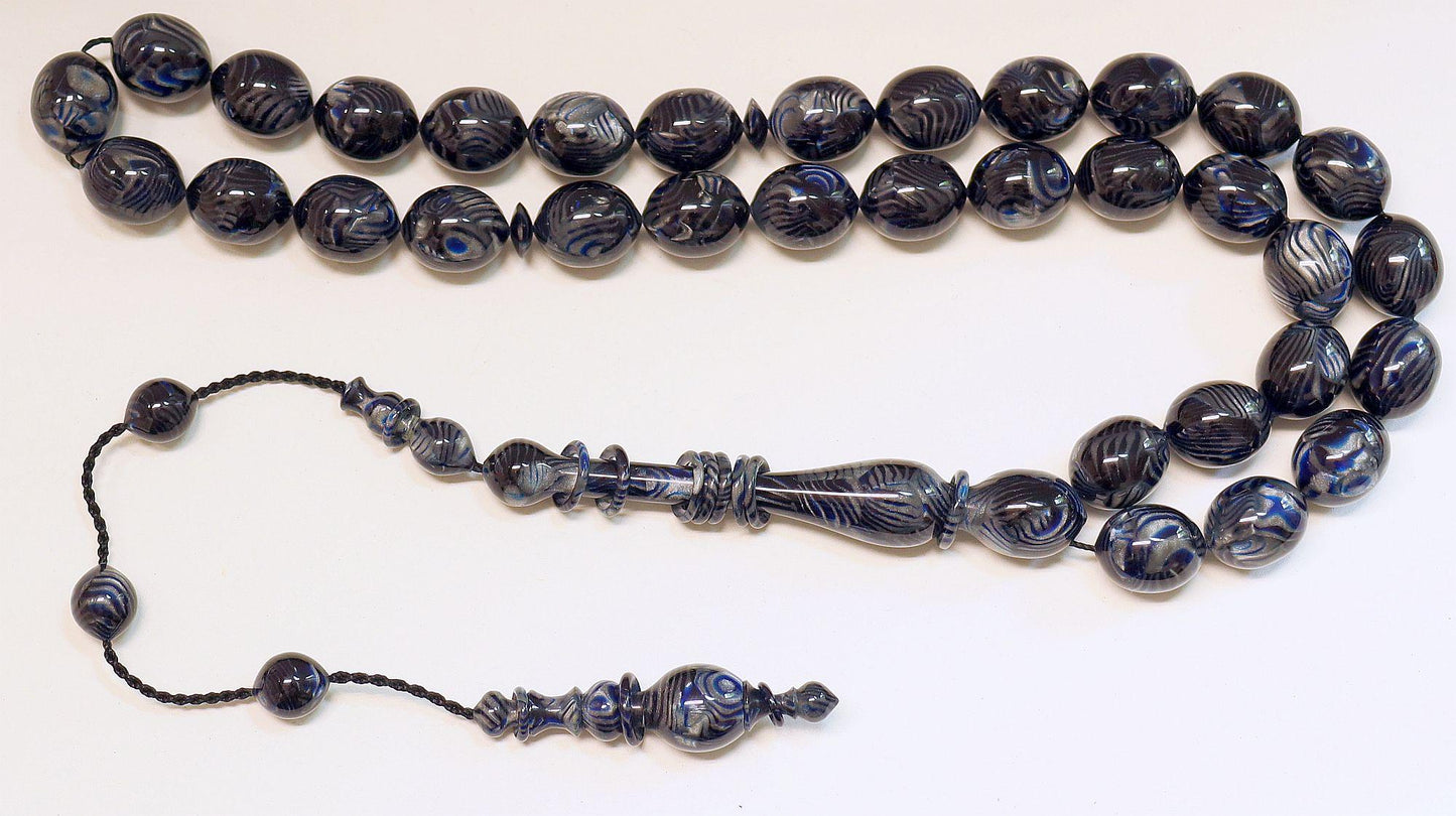 Black Blue Marbled Galalith Tesbih – Islamic Prayer Beads, 12 Captive Rings - Unique Collector's