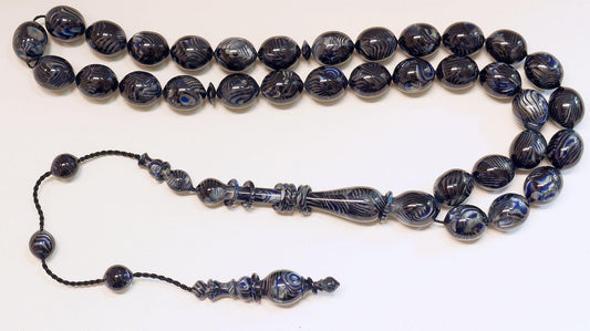 Black Blue Marbled Galalith Tesbih – Islamic Prayer Beads, 12 Captive Rings - Unique Collector's