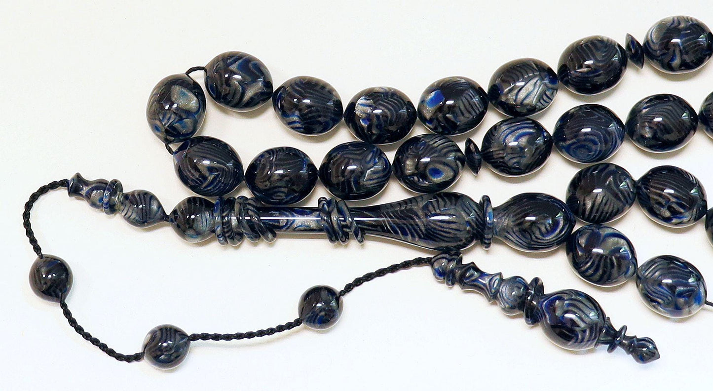 Black Blue Marbled Galalith Tesbih – Islamic Prayer Beads, 12 Captive Rings - Unique Collector's