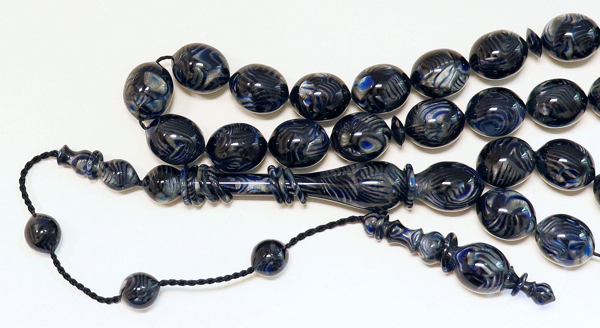 Black Blue Marbled Galalith Tesbih – Islamic Prayer Beads, 12 Captive Rings - Unique Collector's