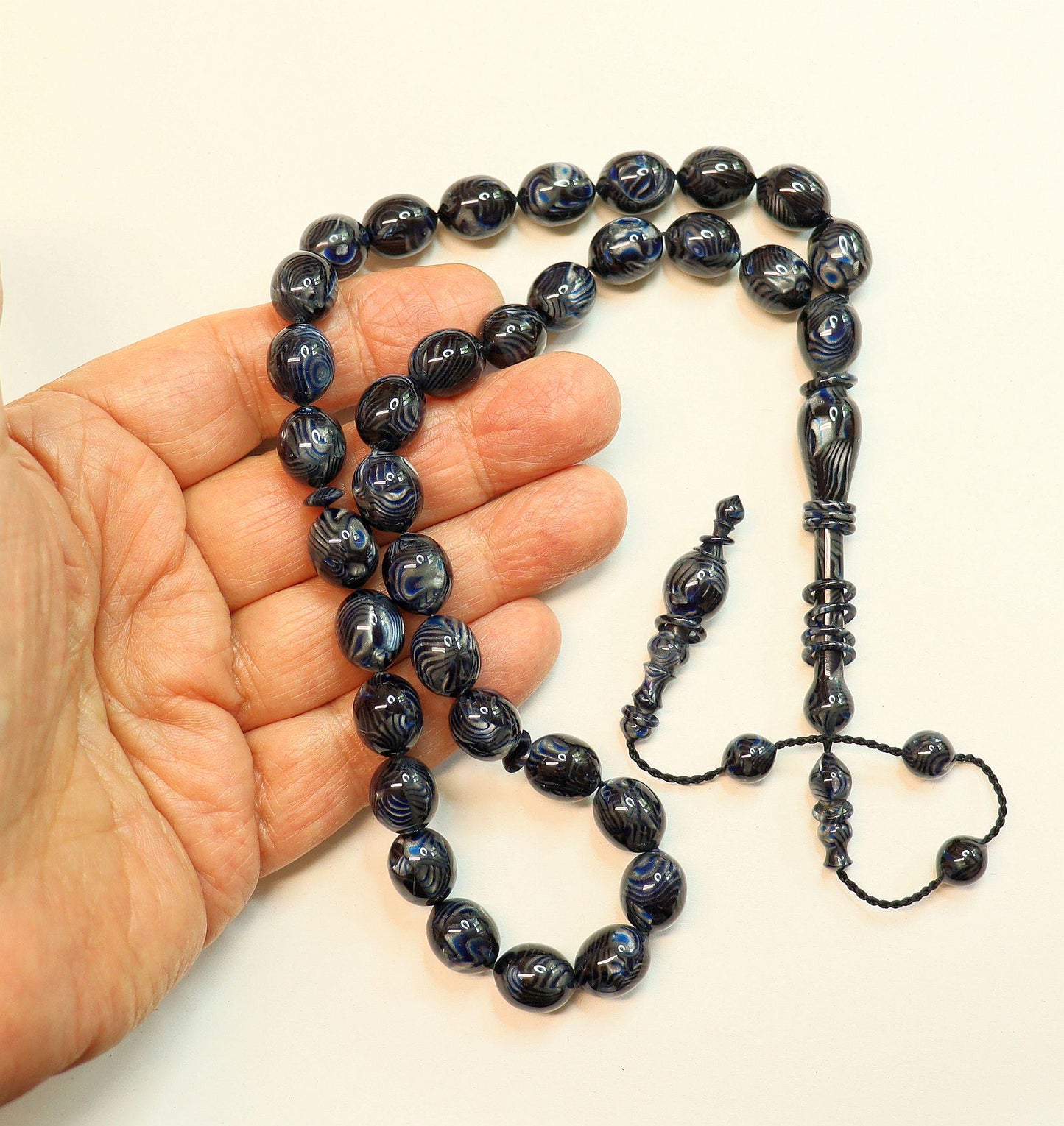 Black Blue Marbled Galalith Tesbih – Islamic Prayer Beads, 12 Captive Rings - Unique Collector's