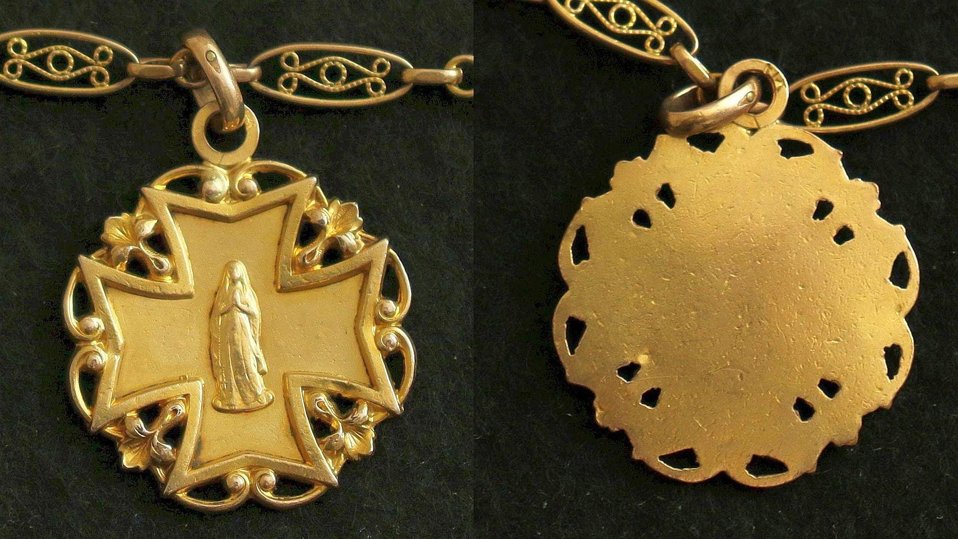 Antique Joan of Arc Necklace, 1930s French FIX Gold Filled, Art Deco Filigree Links, Sainte Jeanne d'Arc Devotional Religious Jewelry