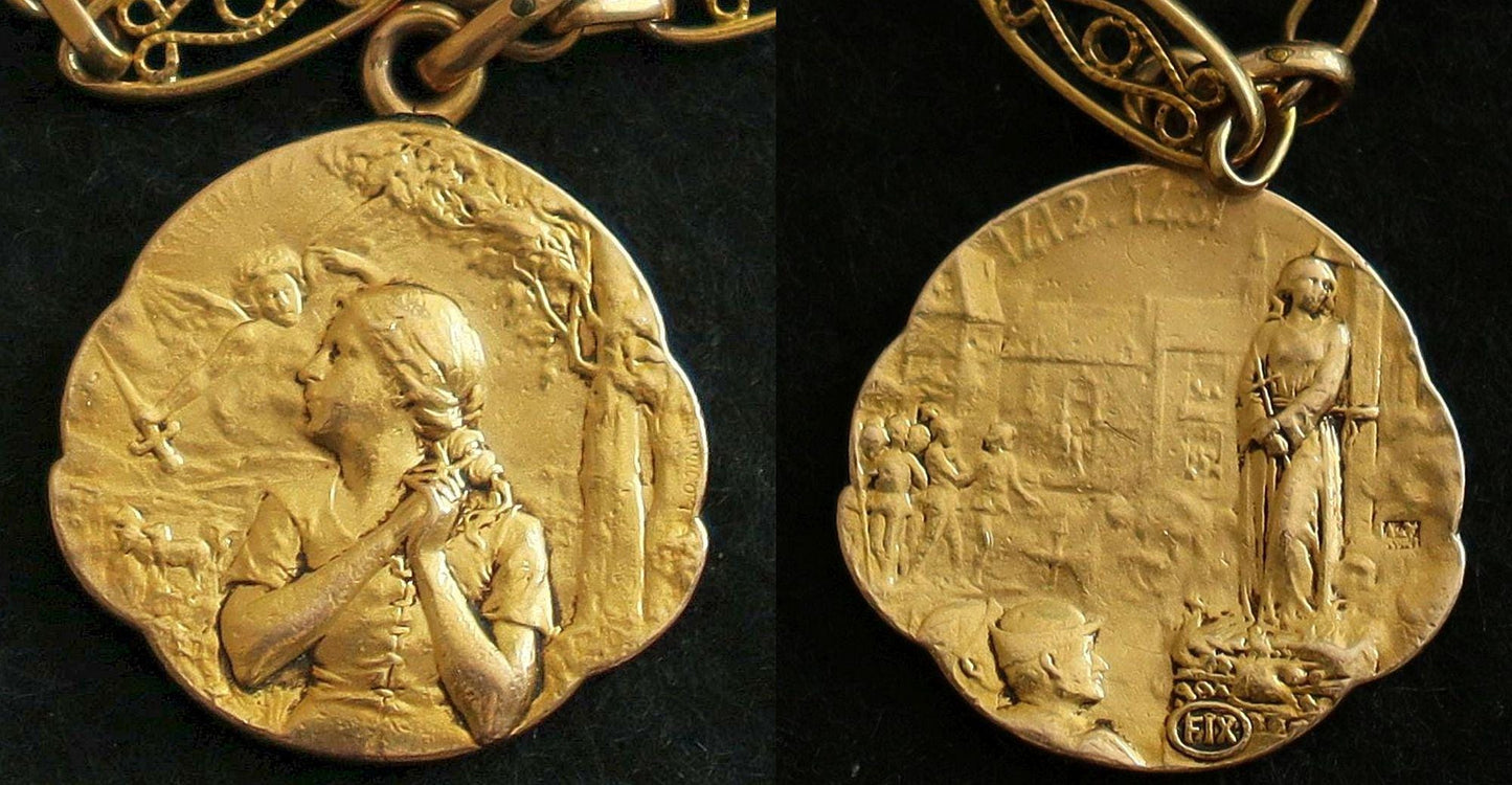 Antique Joan of Arc Necklace, 1930s French FIX Gold Filled, Art Deco Filigree Links, Sainte Jeanne d'Arc Devotional Religious Jewelry