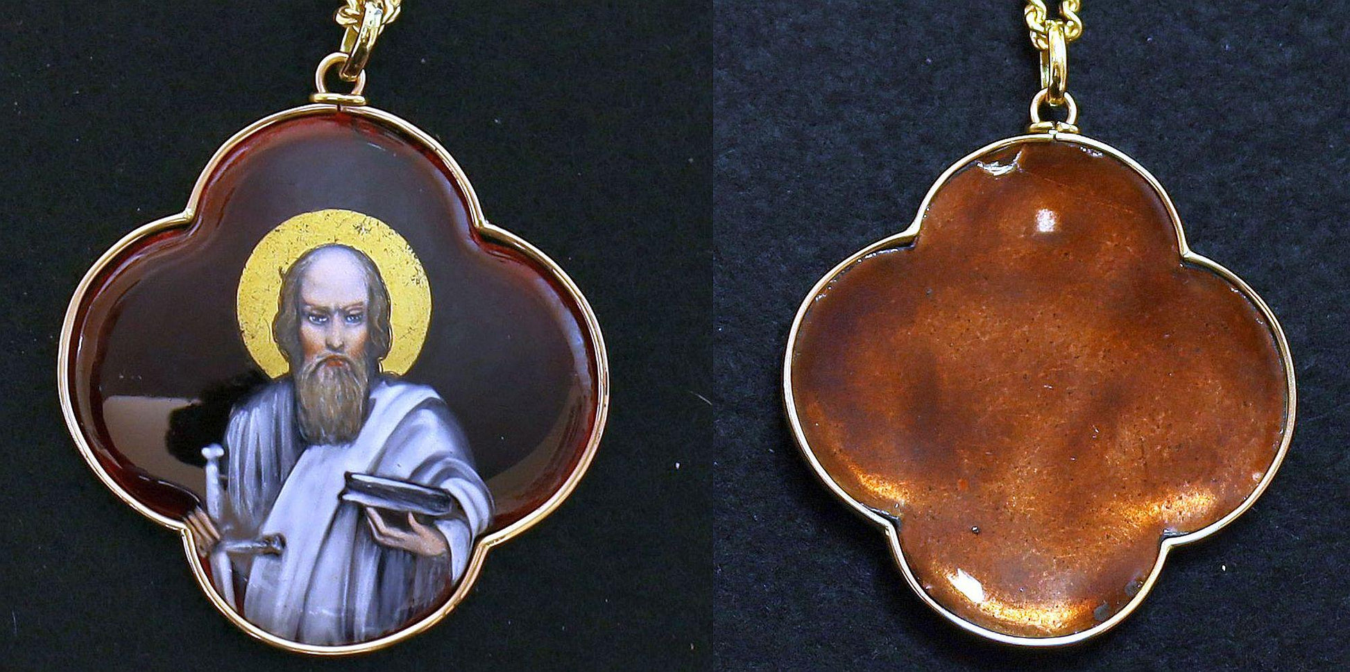 19th Cent. Very rare Saint Paul Medallion Hand Painted Limoges Enamel Antique Medalion 18 K. Gold Frame. Gift Chain