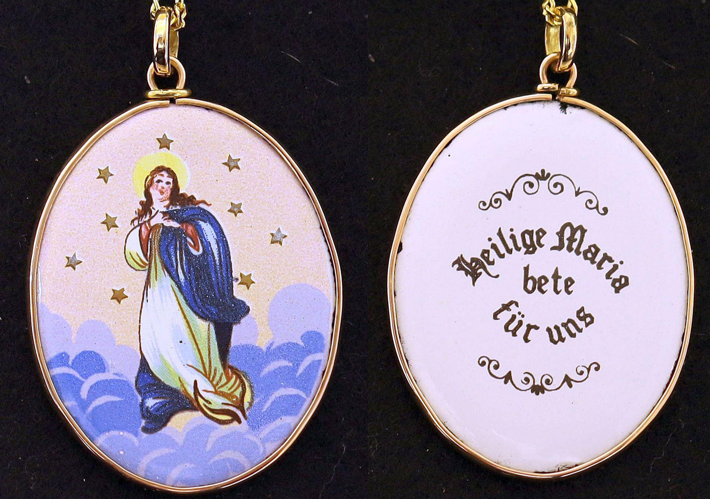 Early XXth Cent. Enamel Medal Lady Of the Immaculate Conception Miniature in 18K Gold Frame & Vermeil Chain
