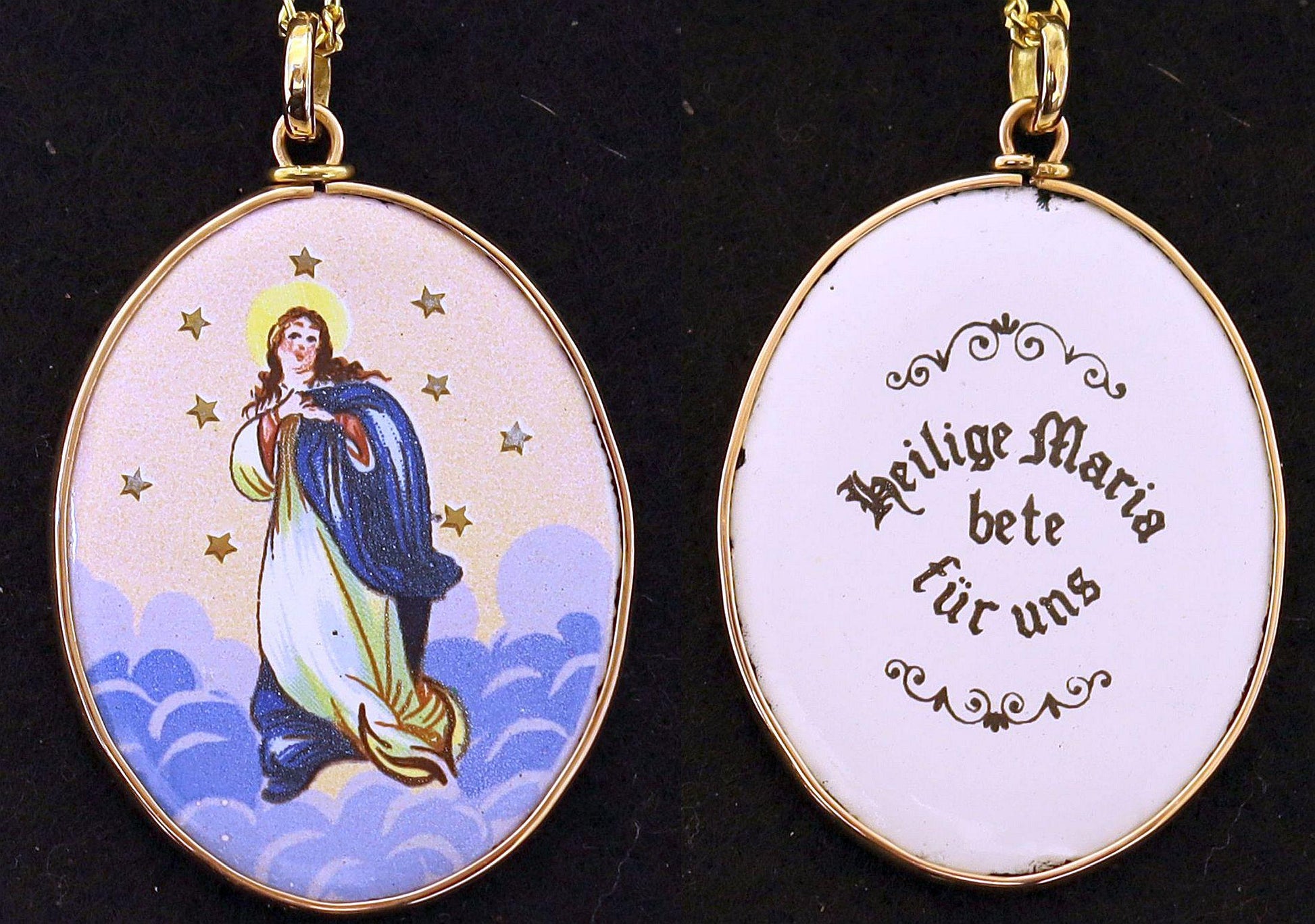 Early XXth Cent. Enamel Medal Lady Of the Immaculate Conception Miniature in 18K Gold Frame & Vermeil Chain