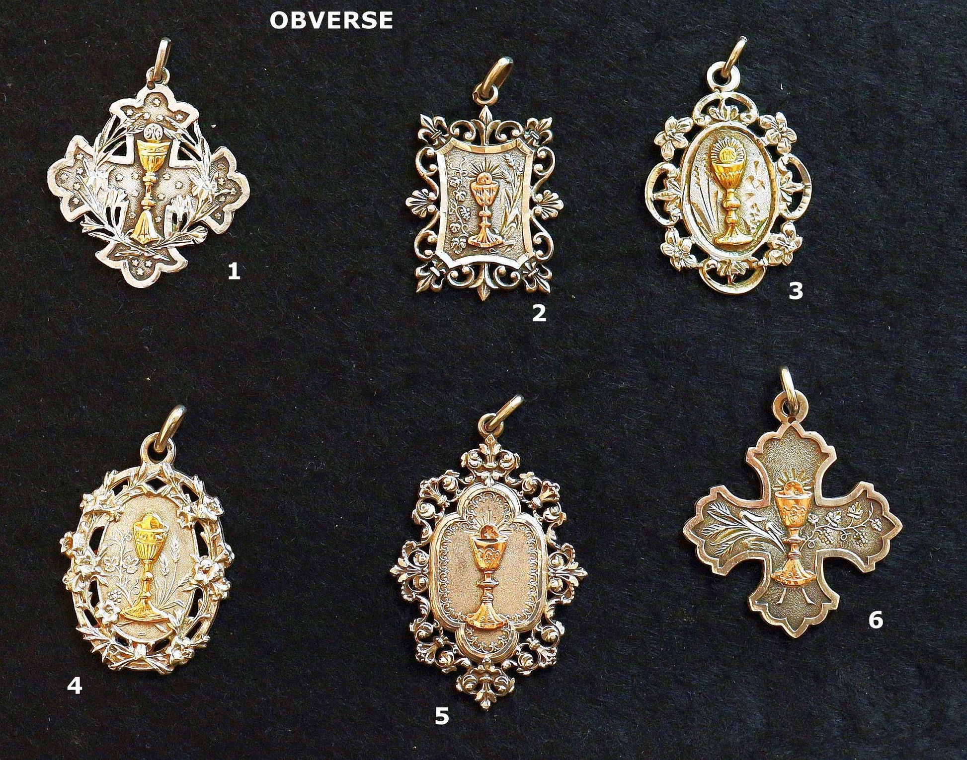 Gold and Silver Antique First Communion Medals Art Nouveau, Pristine, All 100+ years old, Very Rare