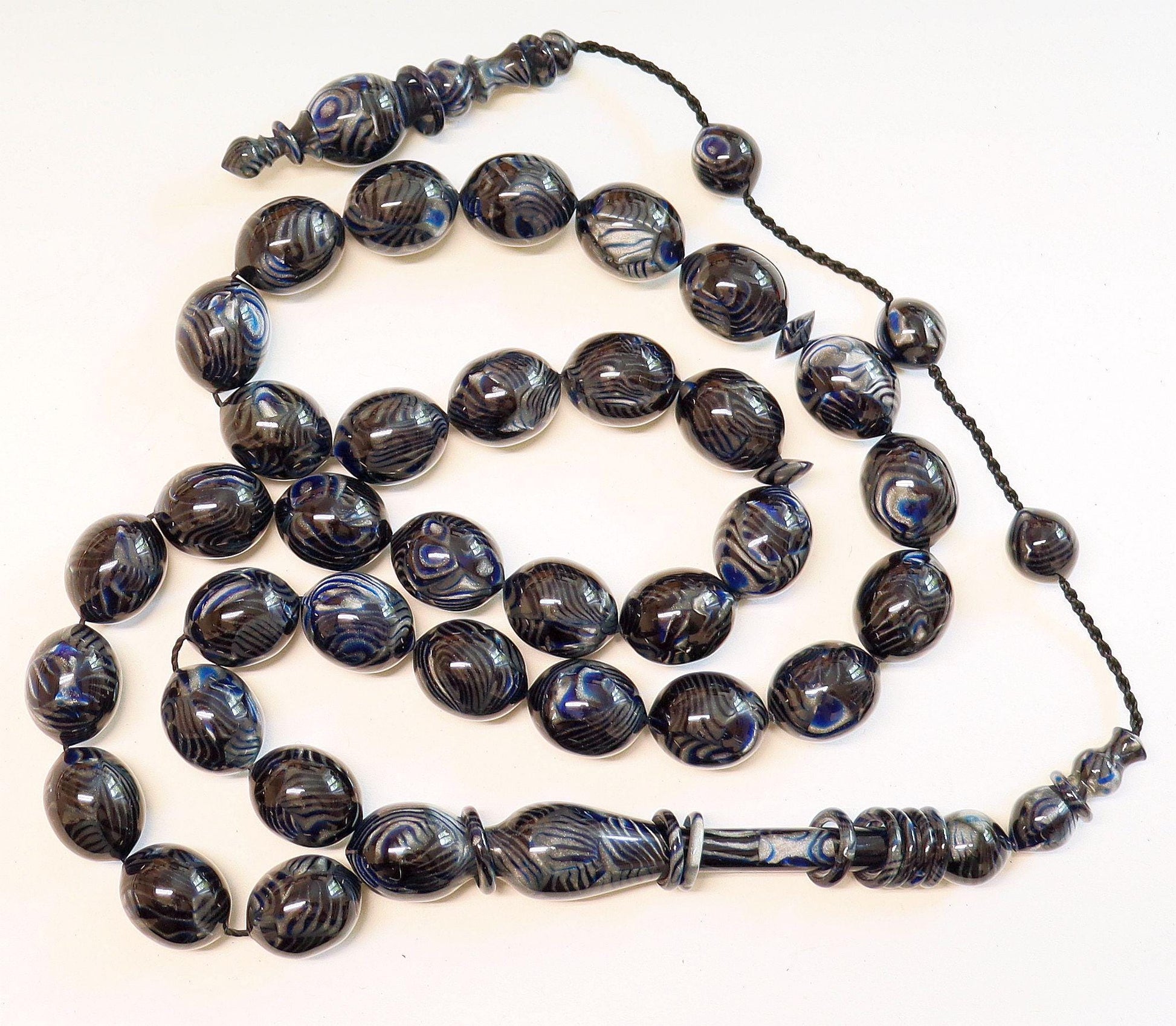 Black Blue Marbled Galalith Tesbih – Islamic Prayer Beads, 12 Captive Rings - Unique Collector's