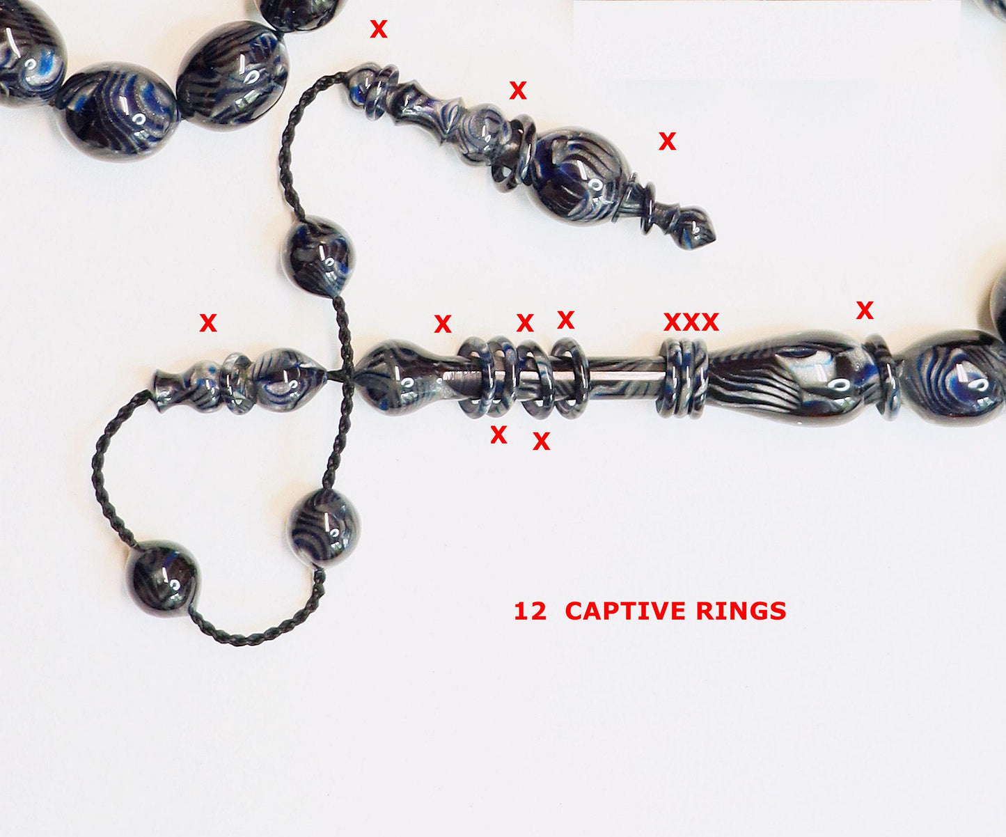 Black Blue Marbled Galalith Tesbih – Islamic Prayer Beads, 12 Captive Rings - Unique Collector's
