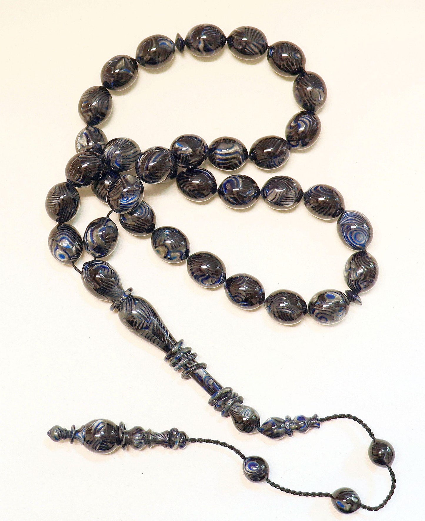 Black Blue Marbled Galalith Tesbih – Islamic Prayer Beads, 12 Captive Rings - Unique Collector's