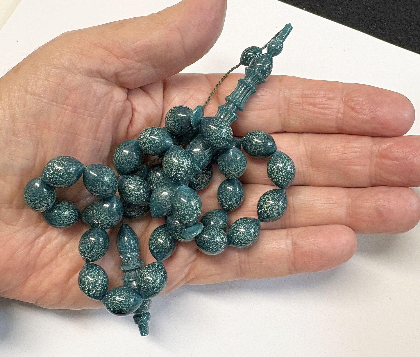 Rich Dark Green Vintage Galalith Tesbih with Gold Fleck Sparkle - Rare and Exceptional handmade Collector's