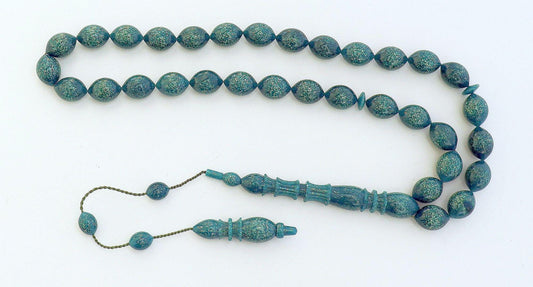 Rich Dark Green Vintage Galalith Tesbih with Gold Fleck Sparkle - Rare and Exceptional handmade Collector's