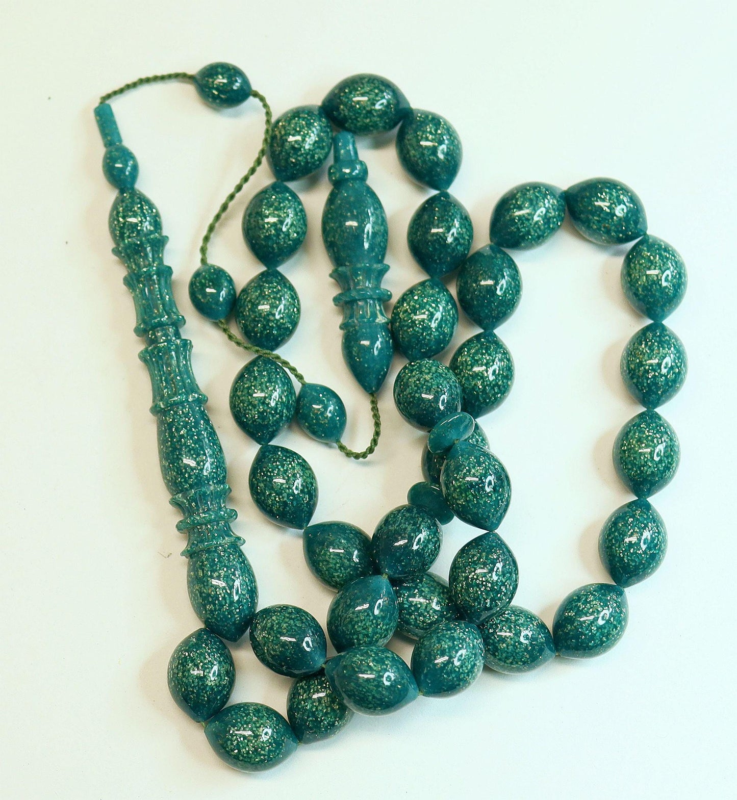 Rich Dark Green Vintage Galalith Tesbih with Gold Fleck Sparkle - Rare and Exceptional handmade Collector's