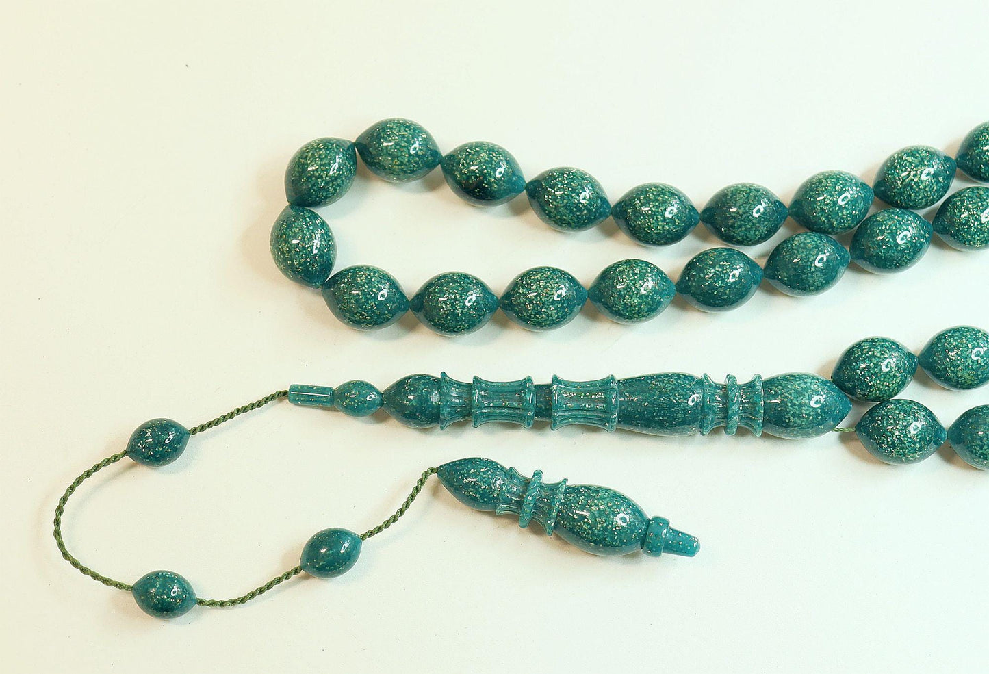 Rich Dark Green Vintage Galalith Tesbih with Gold Fleck Sparkle - Rare and Exceptional handmade Collector's