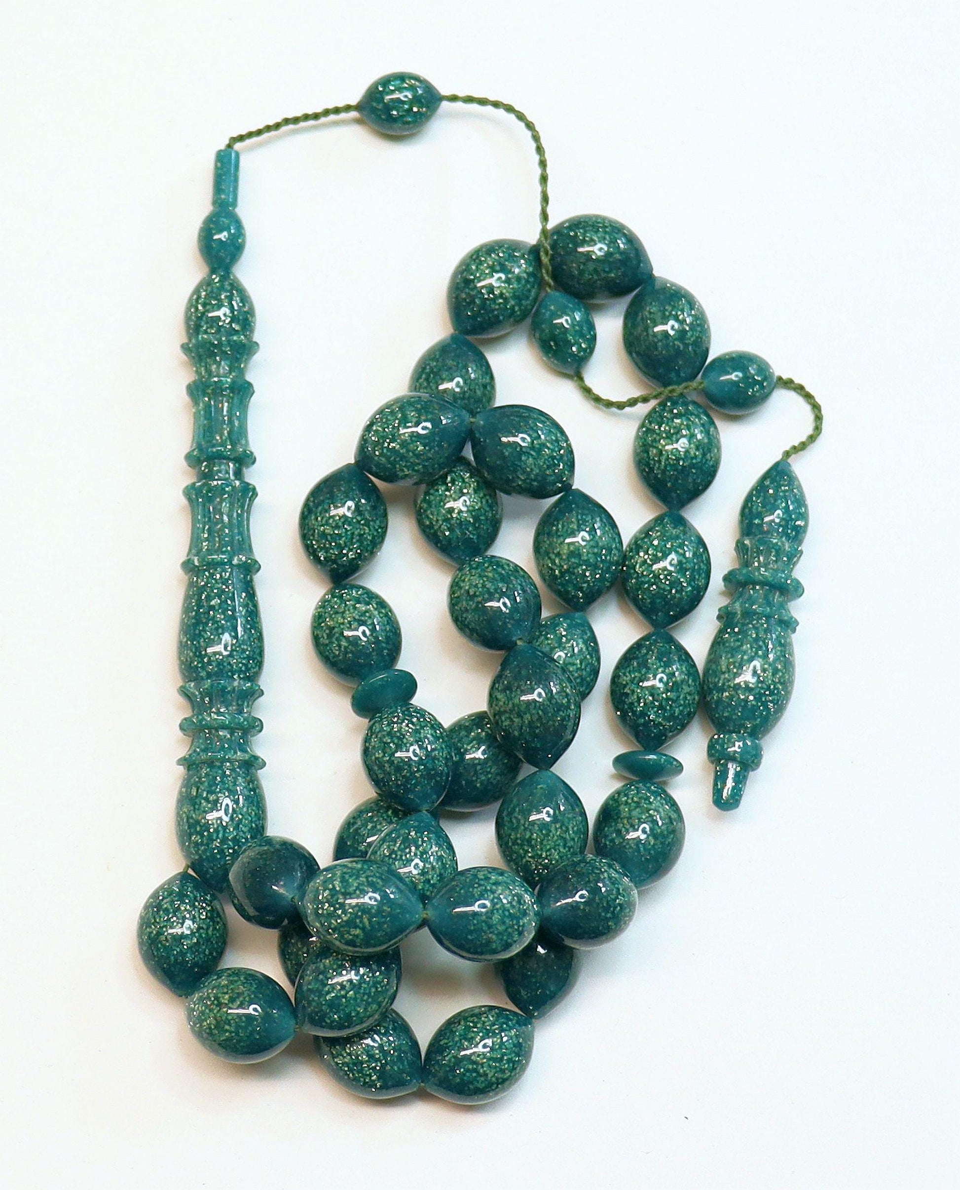 Rich Dark Green Vintage Galalith Tesbih with Gold Fleck Sparkle - Rare and Exceptional handmade Collector's