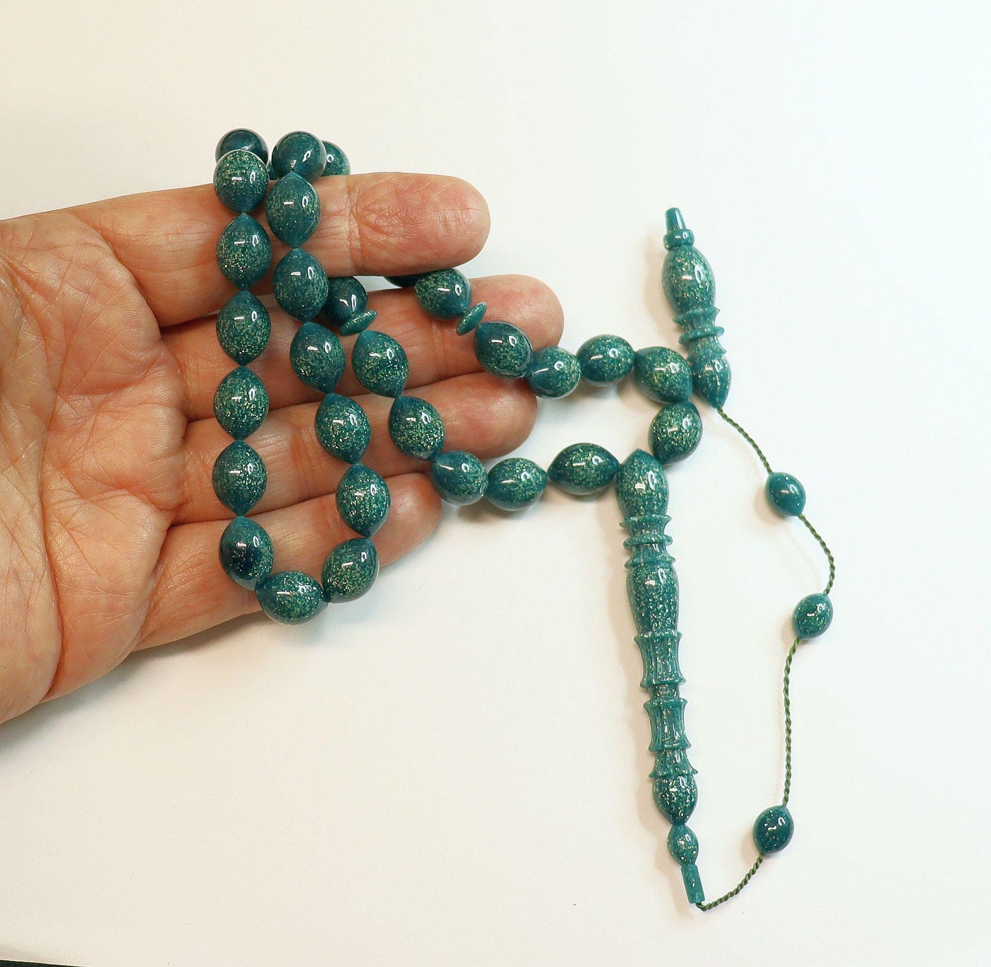 Rich Dark Green Vintage Galalith Tesbih with Gold Fleck Sparkle - Rare and Exceptional handmade Collector's