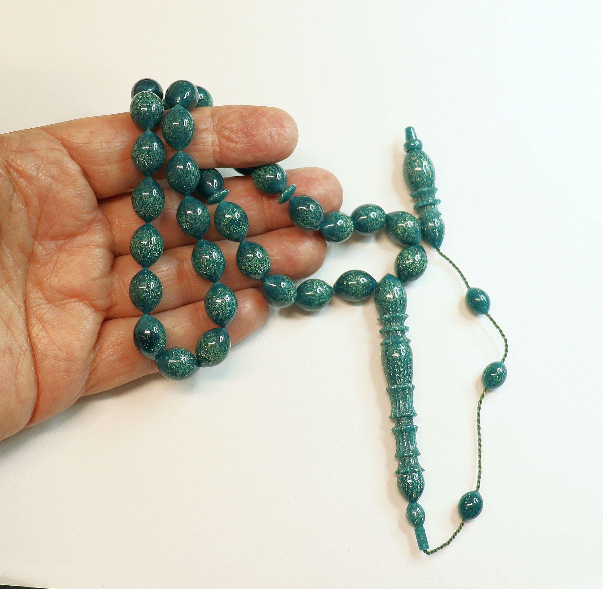 Rich Dark Green Vintage Galalith Tesbih with Gold Fleck Sparkle - Rare and Exceptional handmade Collector's
