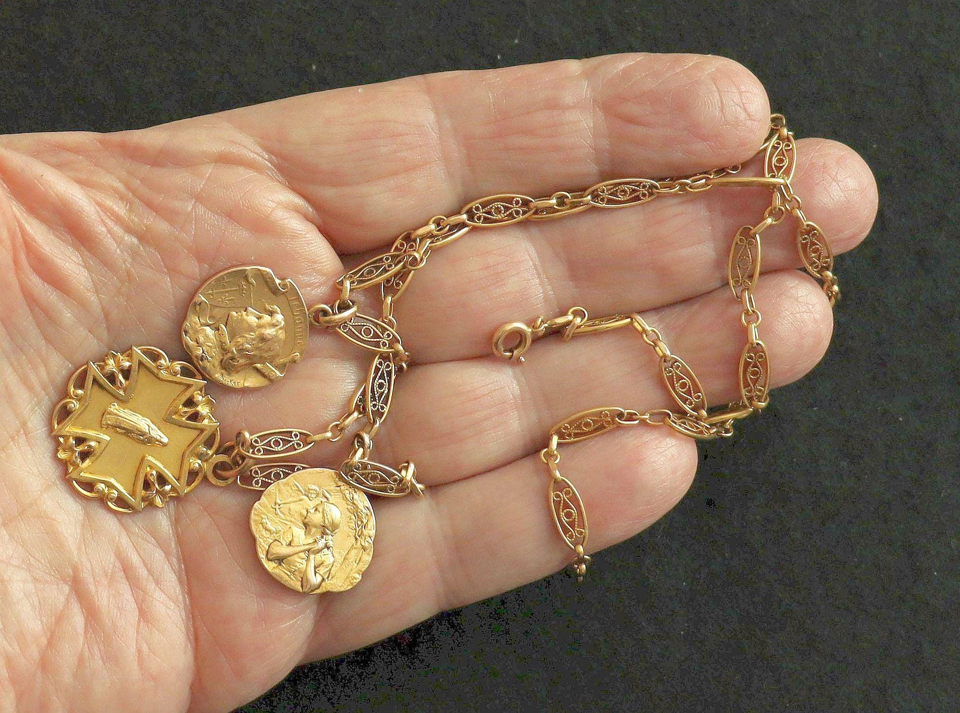 Antique Joan of Arc Necklace, 1930s French FIX Gold Filled, Art Deco Filigree Links, Sainte Jeanne d'Arc Devotional Religious Jewelry