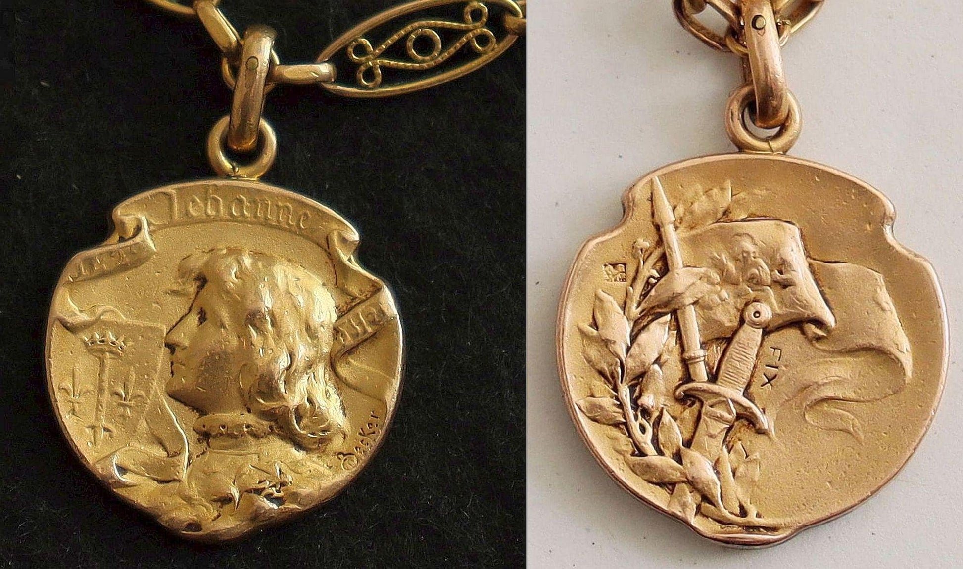 Antique Joan of Arc Necklace, 1930s French FIX Gold Filled, Art Deco Filigree Links, Sainte Jeanne d'Arc Devotional Religious Jewelry