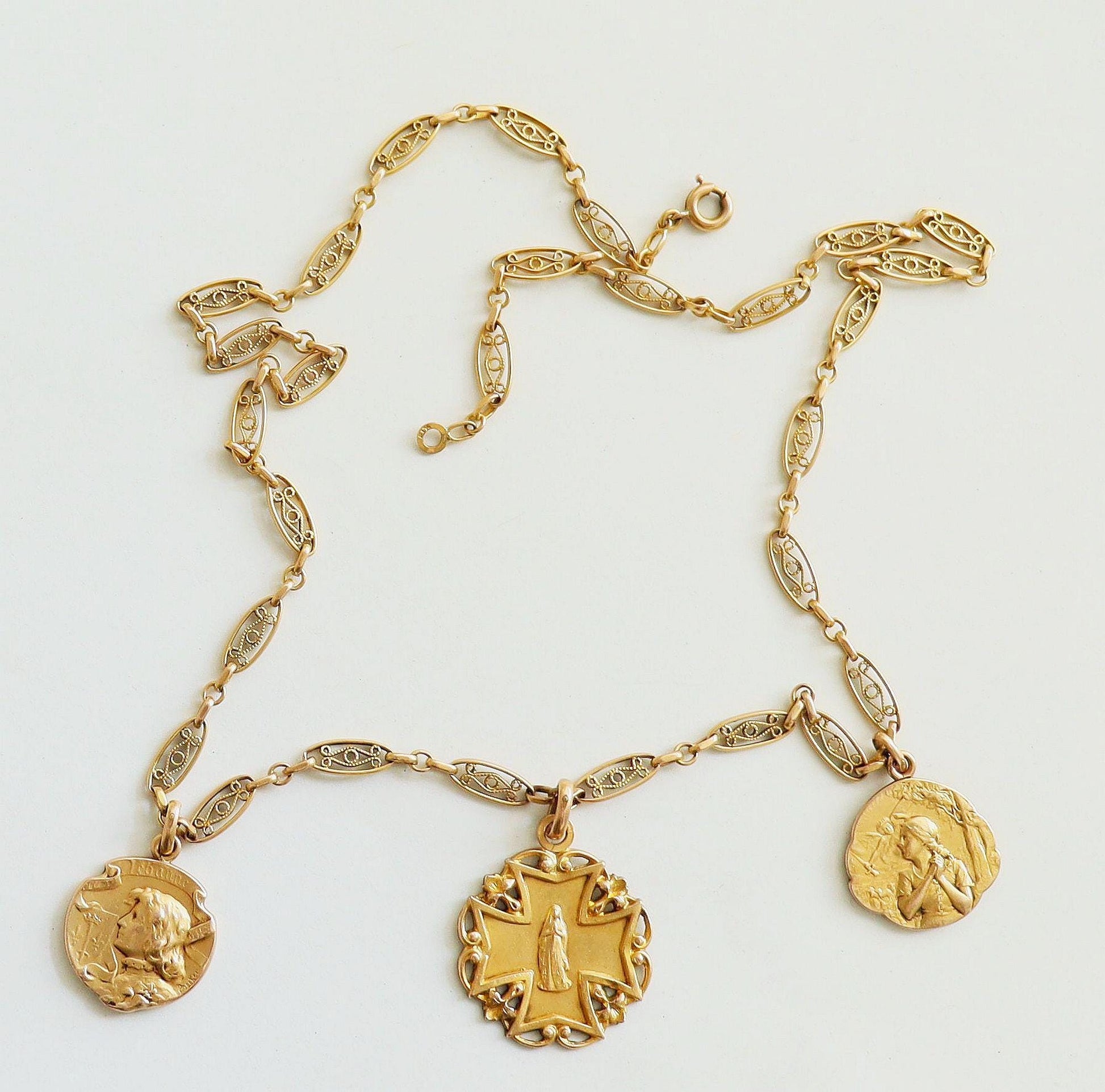 Antique Joan of Arc Necklace, 1930s French FIX Gold Filled, Art Deco Filigree Links, Sainte Jeanne d'Arc Devotional Religious Jewelry