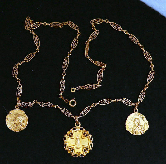 Antique Joan of Arc Necklace, 1930s French FIX Gold Filled, Art Deco Filigree Links, Sainte Jeanne d'Arc Devotional Religious Jewelry