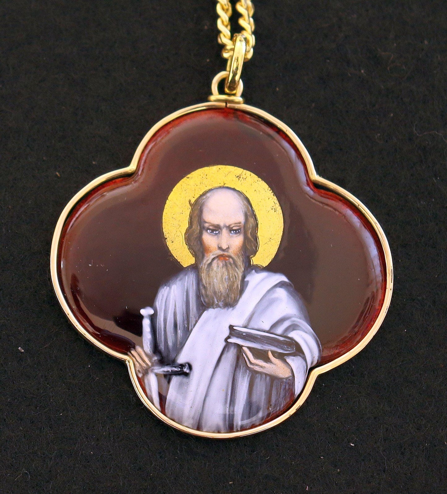 19th Cent. Very rare Saint Paul Medallion Hand Painted Limoges Enamel Antique Medalion 18 K. Gold Frame. Gift Chain