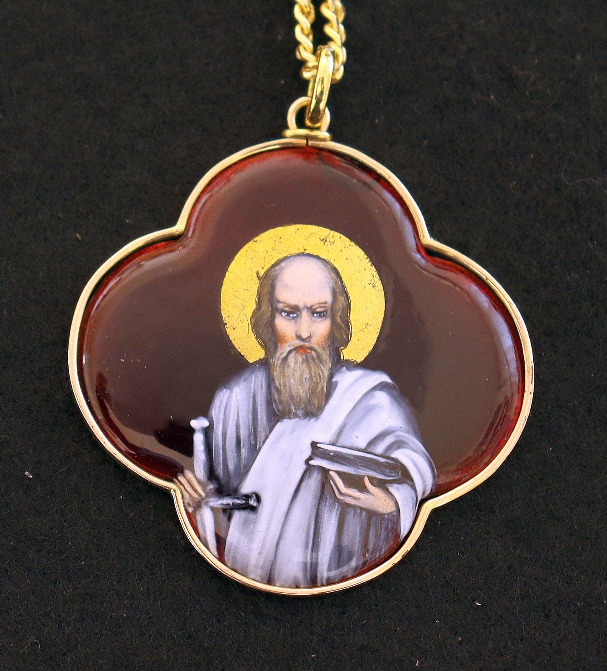 19th Cent. Very rare Saint Paul Medallion Hand Painted Limoges Enamel Antique Medalion 18 K. Gold Frame. Gift Chain