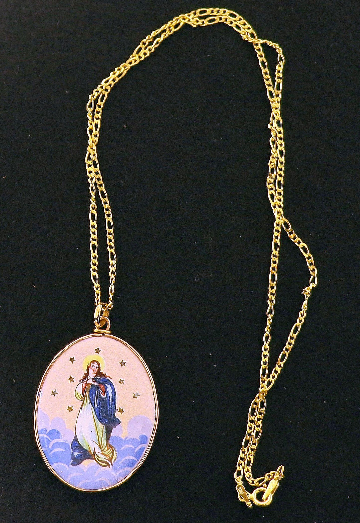 Early XXth Cent. Enamel Medal Lady Of the Immaculate Conception Miniature in 18K Gold Frame & Vermeil Chain