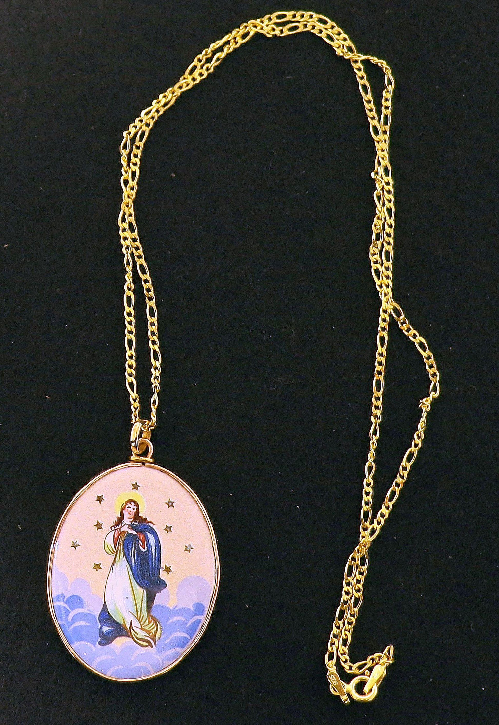 Early XXth Cent. Enamel Medal Lady Of the Immaculate Conception Miniature in 18K Gold Frame & Vermeil Chain