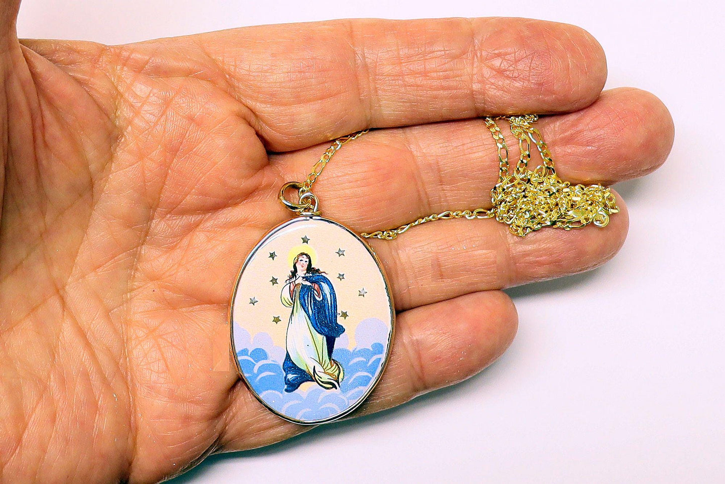 Early XXth Cent. Enamel Medal Lady Of the Immaculate Conception Miniature in 18K Gold Frame & Vermeil Chain