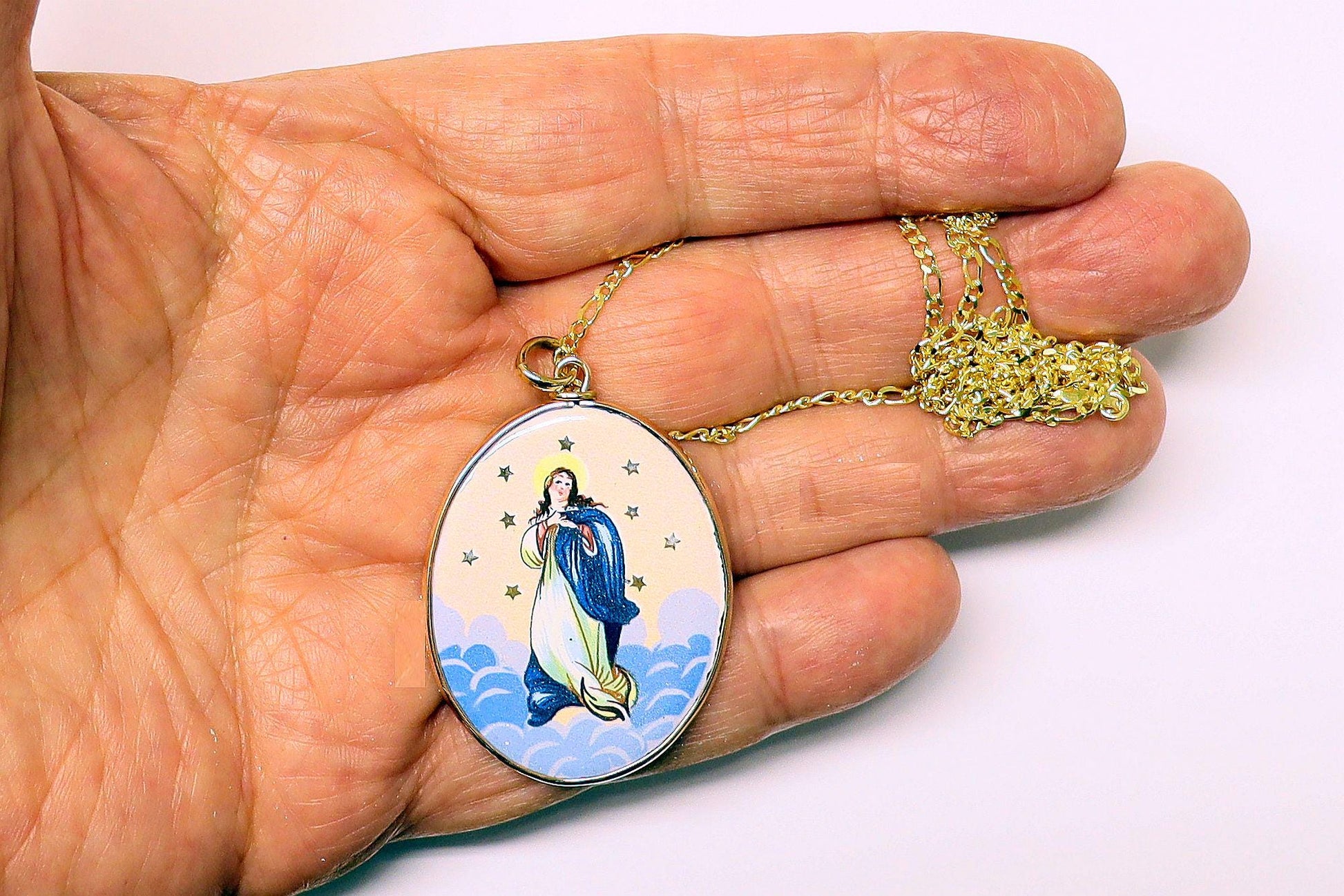 Early XXth Cent. Enamel Medal Lady Of the Immaculate Conception Miniature in 18K Gold Frame & Vermeil Chain