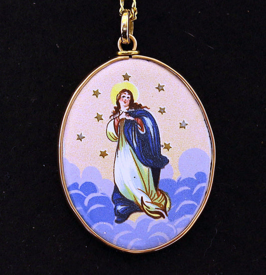 Early XXth Cent. Enamel Medal Lady Of the Immaculate Conception Miniature in 18K Gold Frame & Vermeil Chain